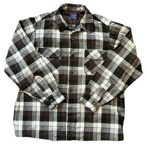 Vintage Pendleton 100% Wool Shirt Brown Tan Green Plaid